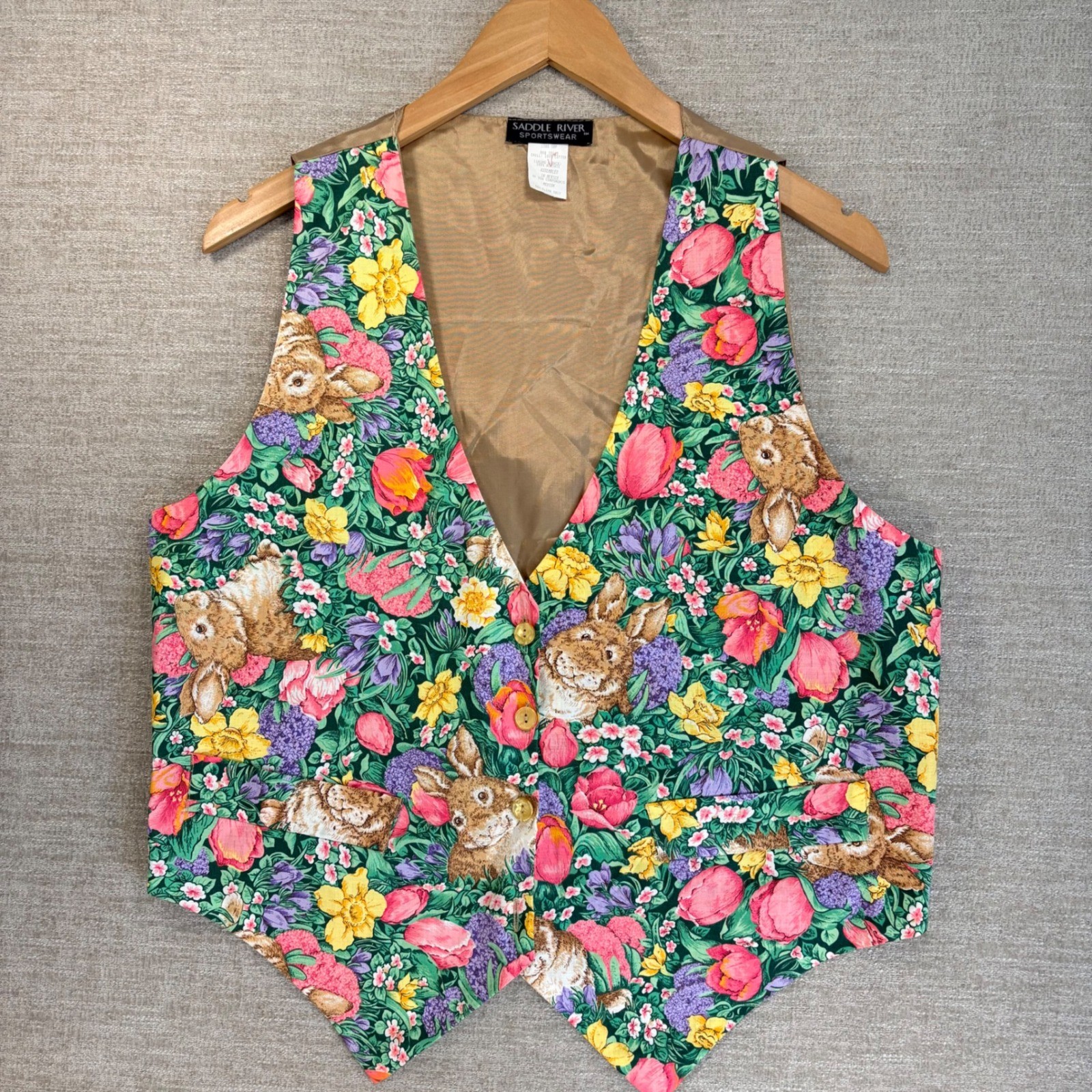 Vintage 80s 90s Easter Bunny Floral Vest Womens M Garden Cottage Granniecore