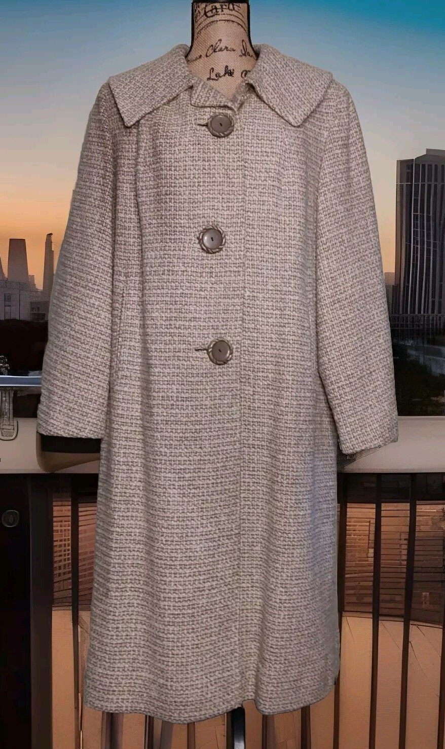 Vintage 1960s Coat by Alcraft NY – Woven Ivory & Beige Tweed Lined 3-Button Coat
