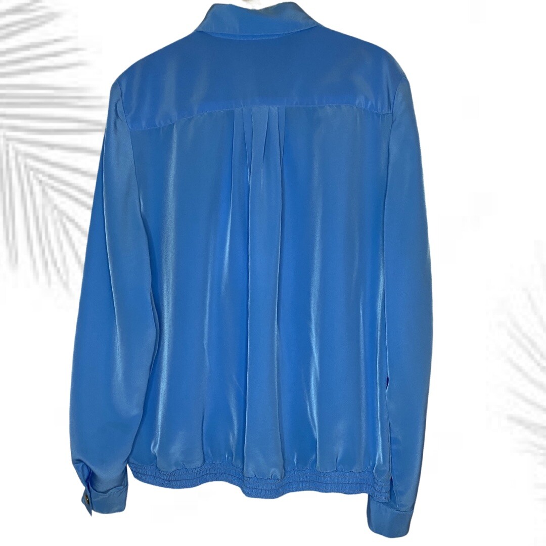 Vintage Philippe Marques Blouse Blue 90s Pleated Button Up Shirt Size 14