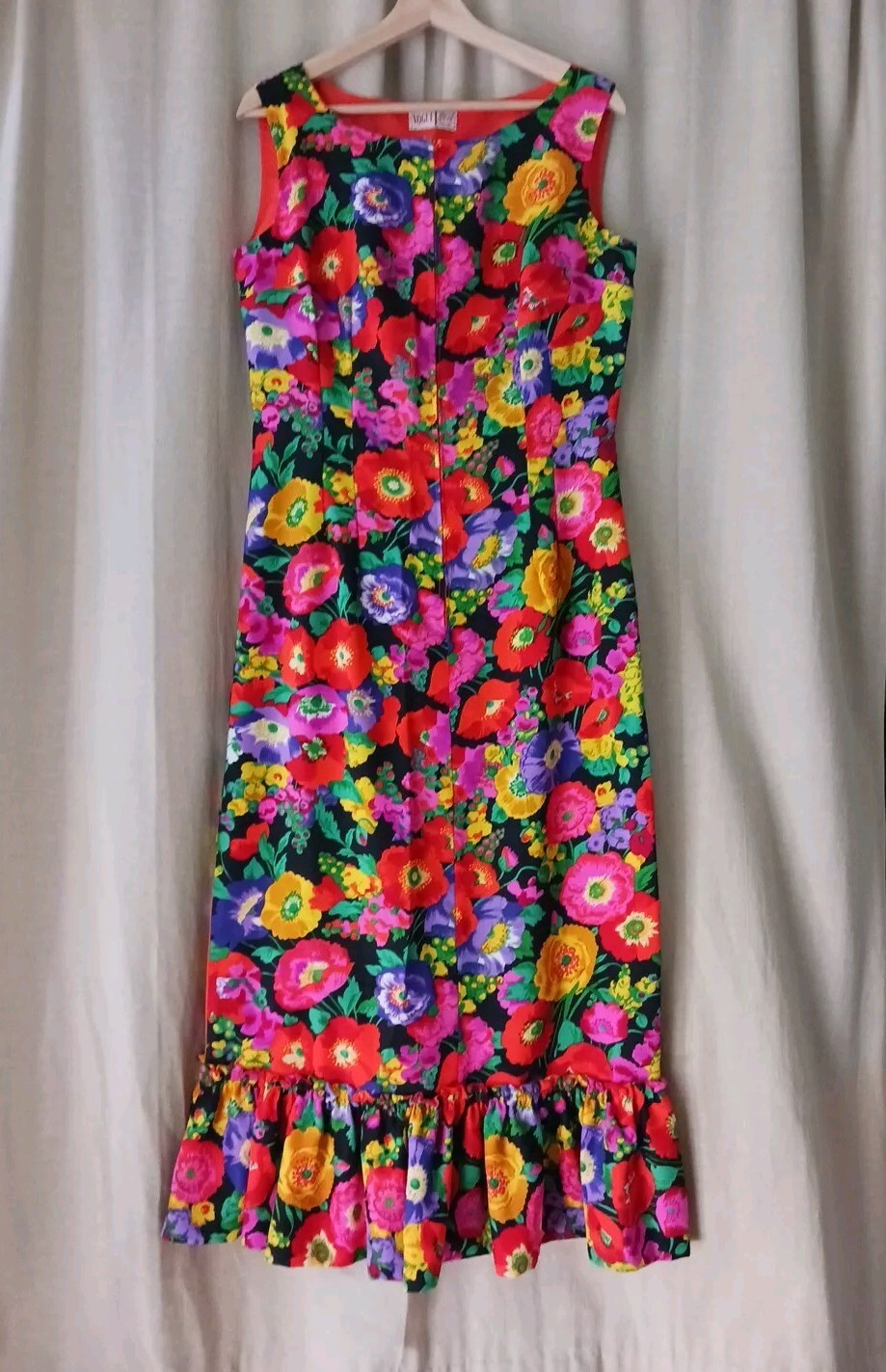 Vintage VOGUE Special Design Hawaiian Vibrant Floral Dress Sleeveless Ruffle