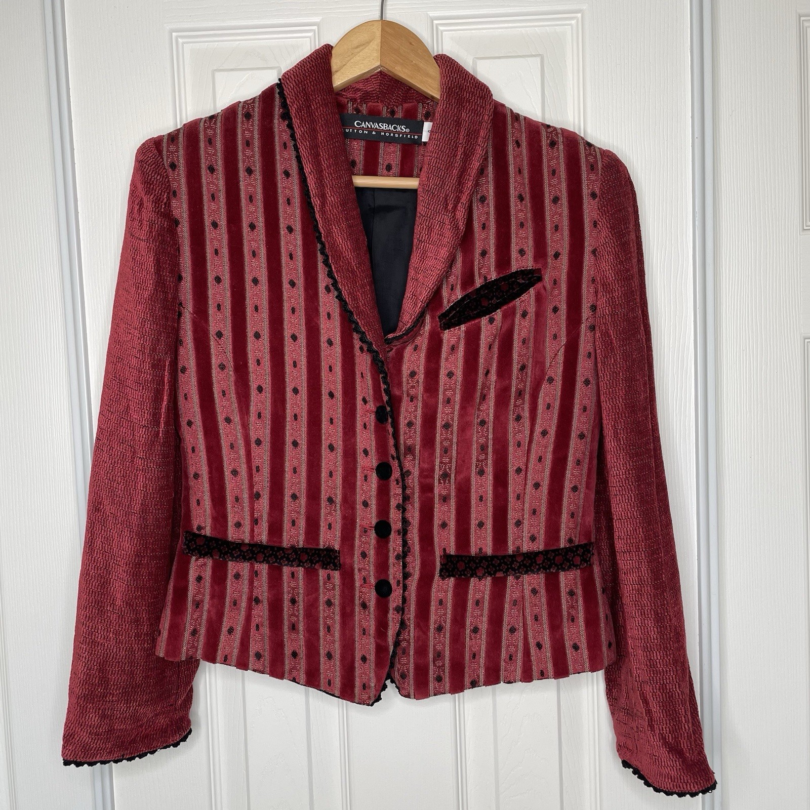 Vintage Canvasbacks Lutton & Horsfeld Burgundy Velvet Stripe Jacquard Blazer 4