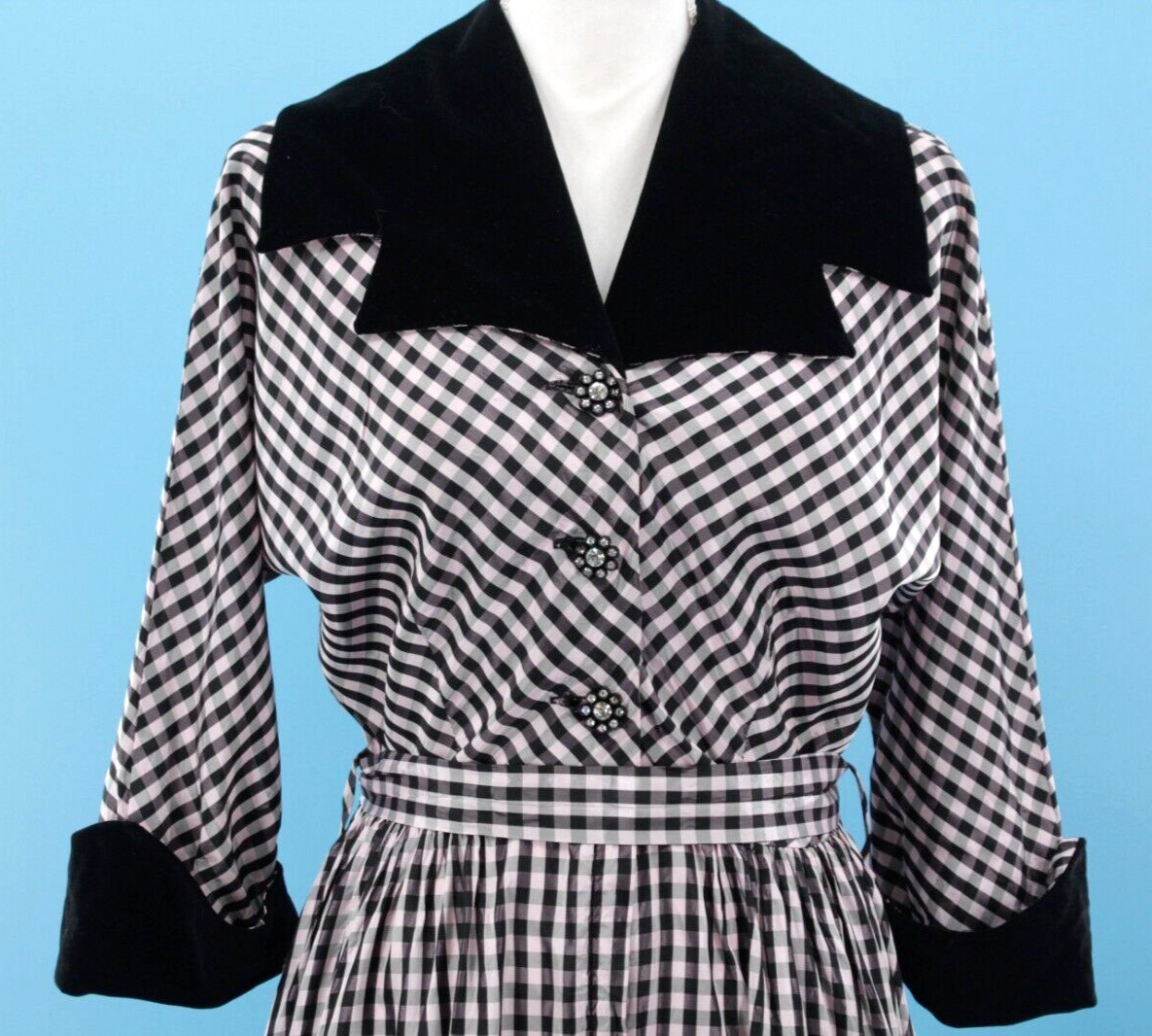 Vtg Womens 40s Black & Pink Checked Gown W/ Velvet Trim XS/S 1940s Taffeta Dress