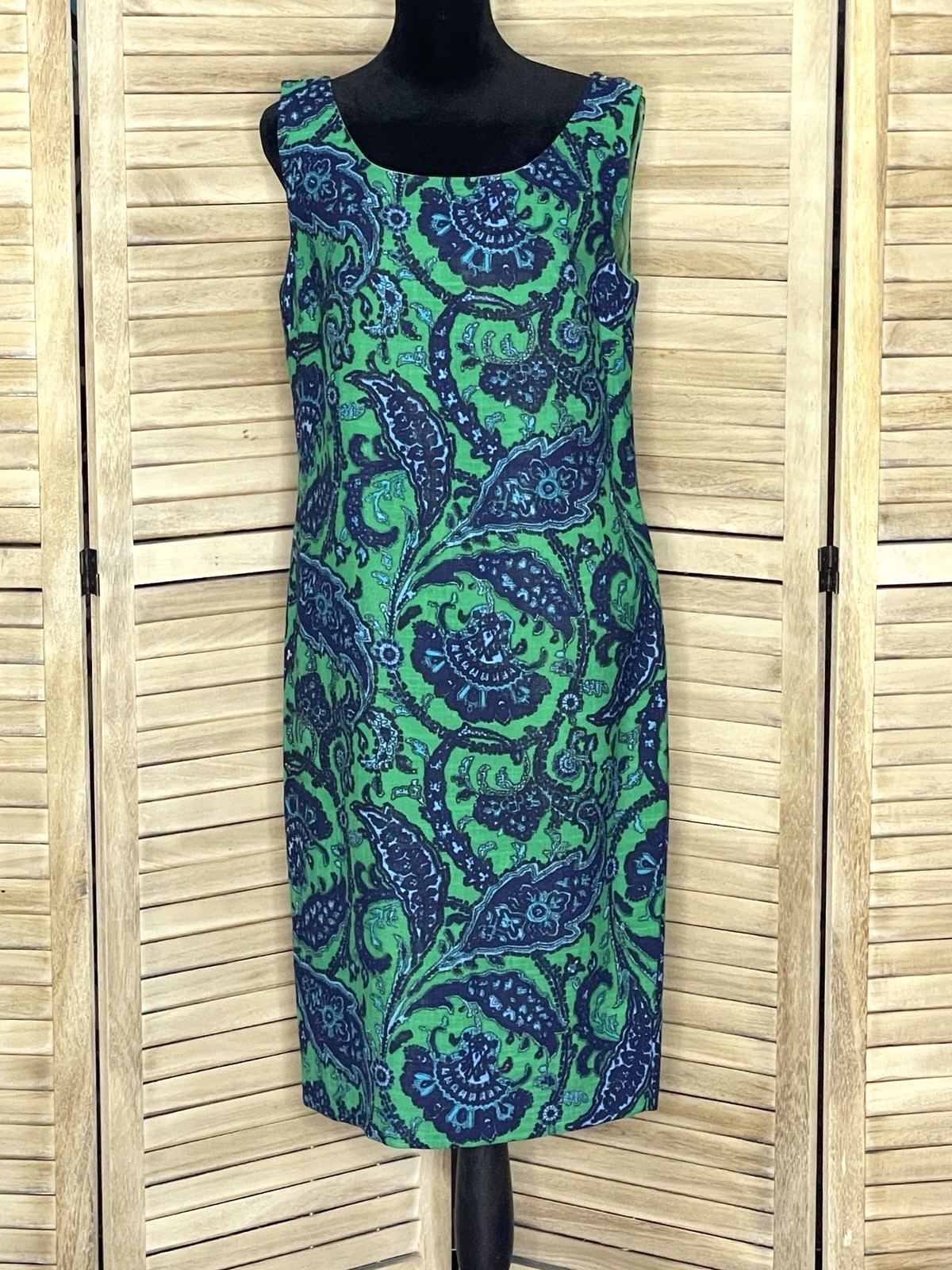 Vintage Loubella Originals Sheath Dress Bold 60s Lime Green and Navy Paisley *10