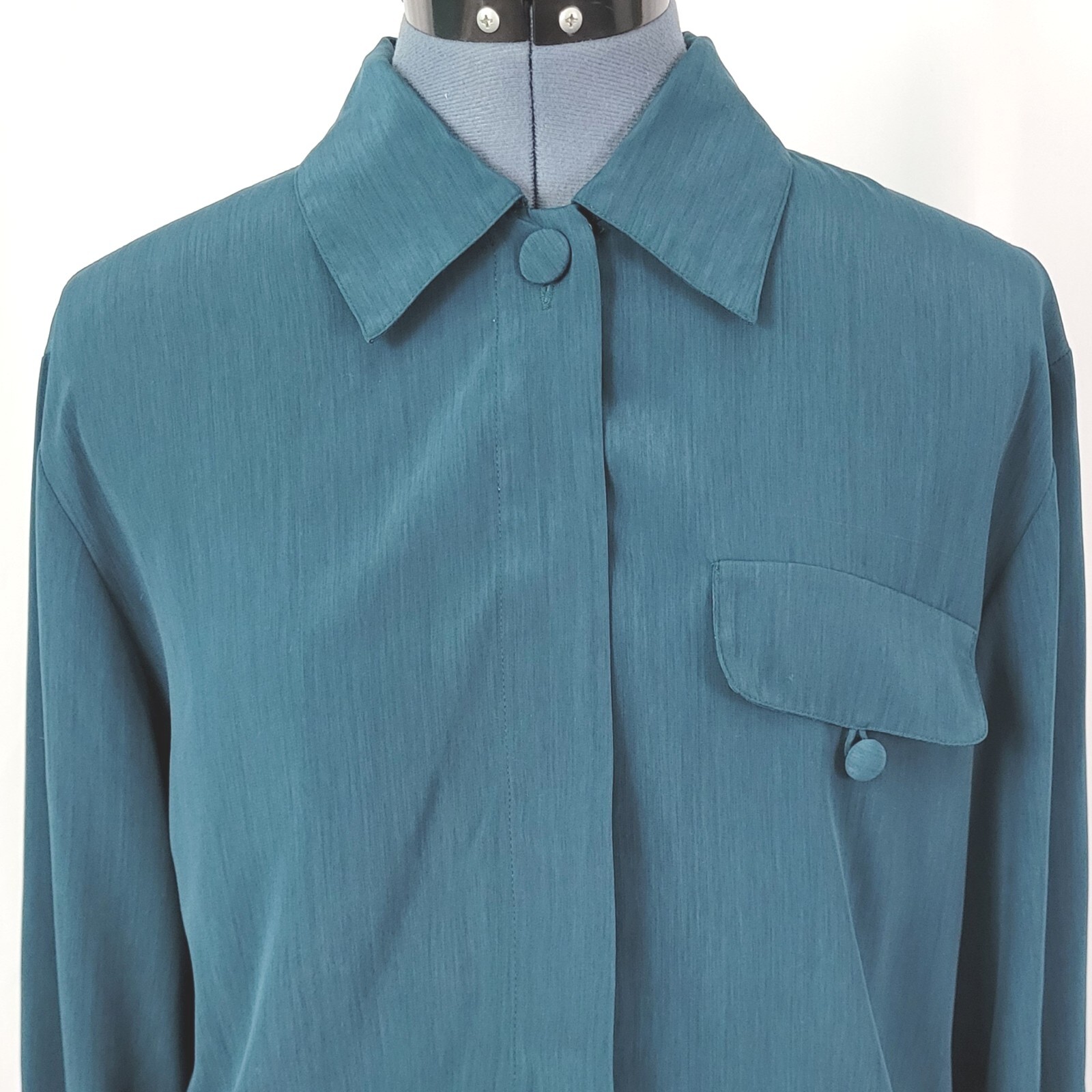 Vintage Tess Dark Teal L/S Blouse w Concealed Buttons & Front Pocket Size L?