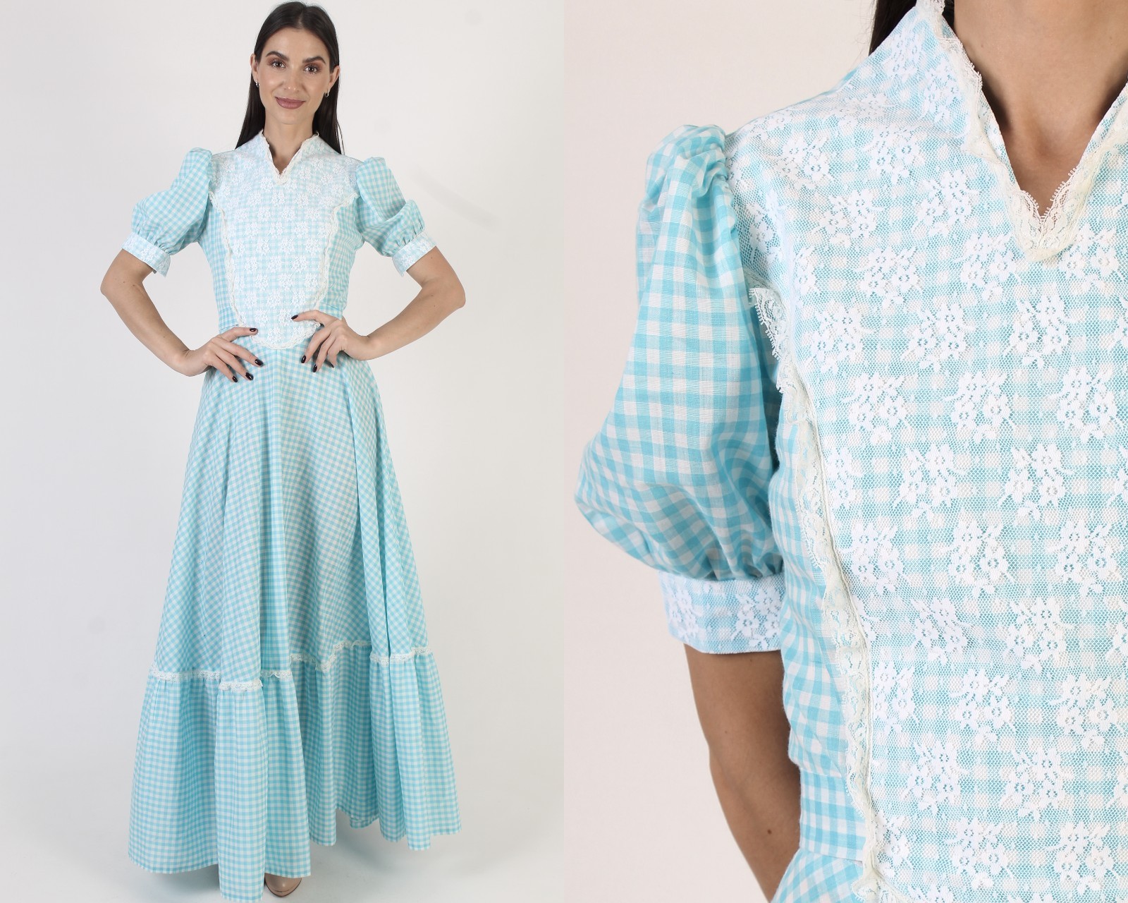 Vtg Blue White Gingham Dress Country Western Barn Historical Saloon Americana