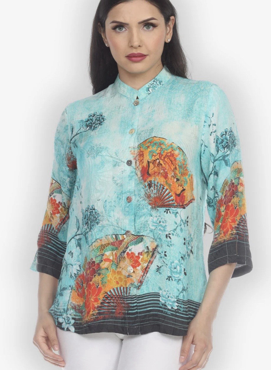 CITRON Santa Monica Antique Fans Silk Blend Blouse Geisha Crane Art One Size (cl