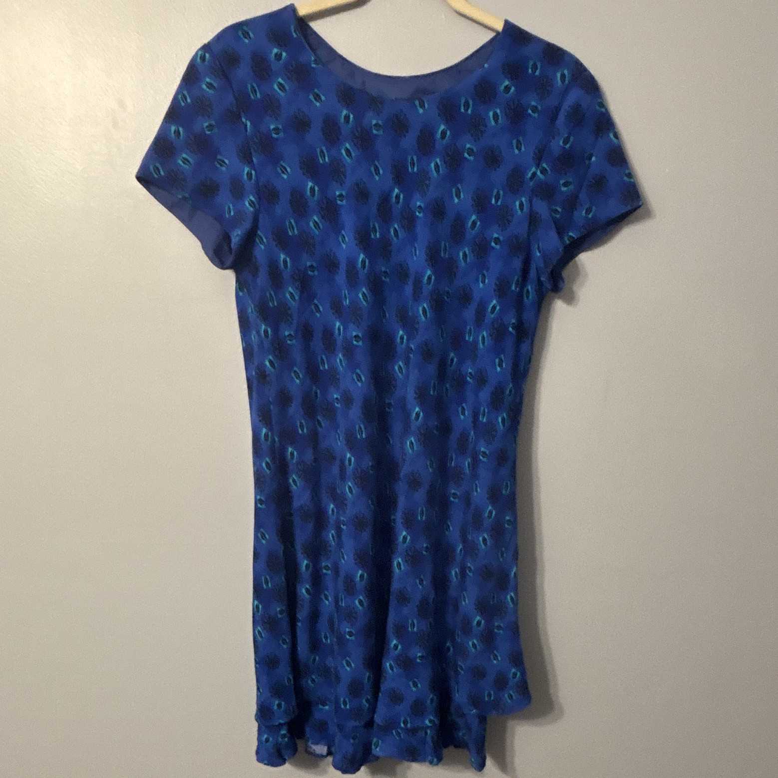 Vintage Karin Stevens Petites Dress Sz 12 Blue Geometric Flare Ruffle Lined