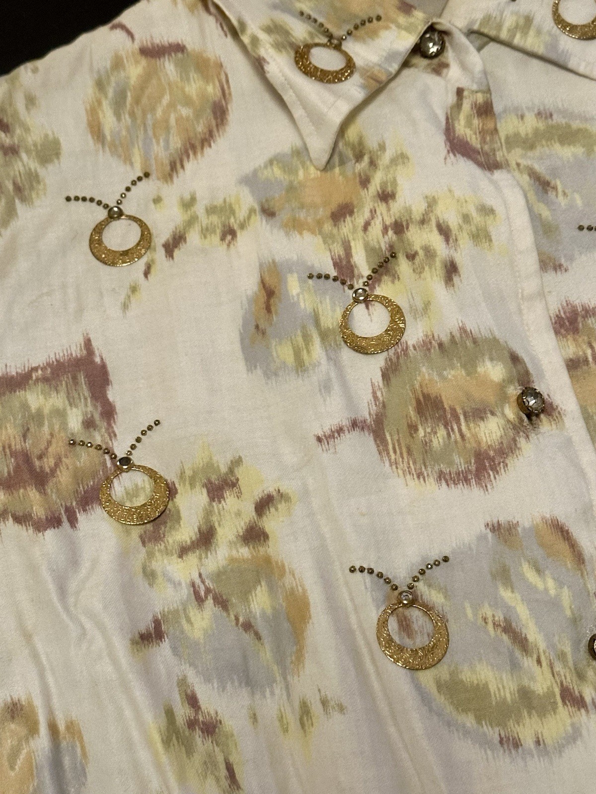 Vintage 50s Malbe Blouse Shirt Rhinestones Impressionist Pattern Sz S/M