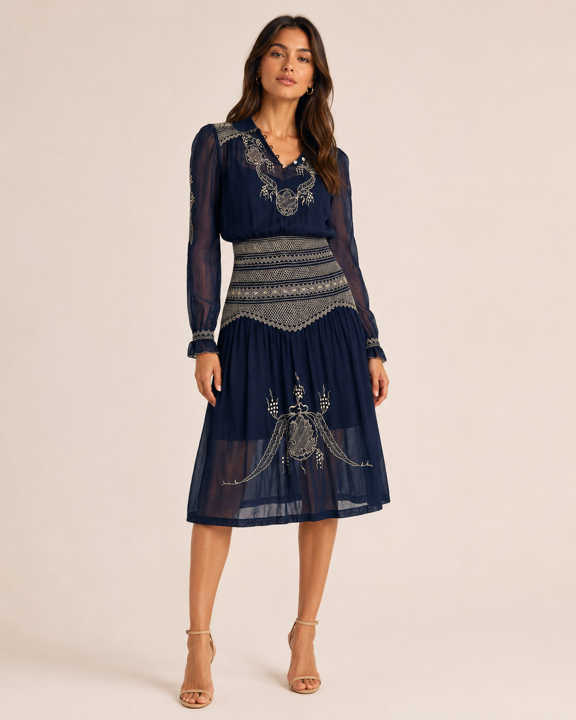 Antique 1920s 1930s Hungarian Hand Embroidered Smocked Sheer Navy Folk Dress S M