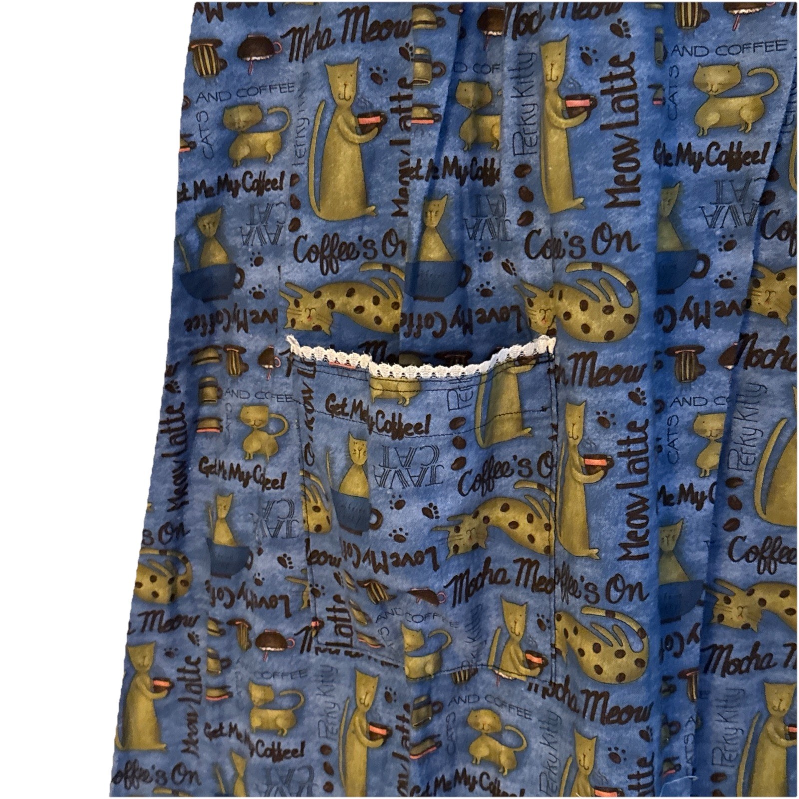 VTG Handmade Cats Coffee Print House Farm Dress Womens L CHARMING Fabric Retro