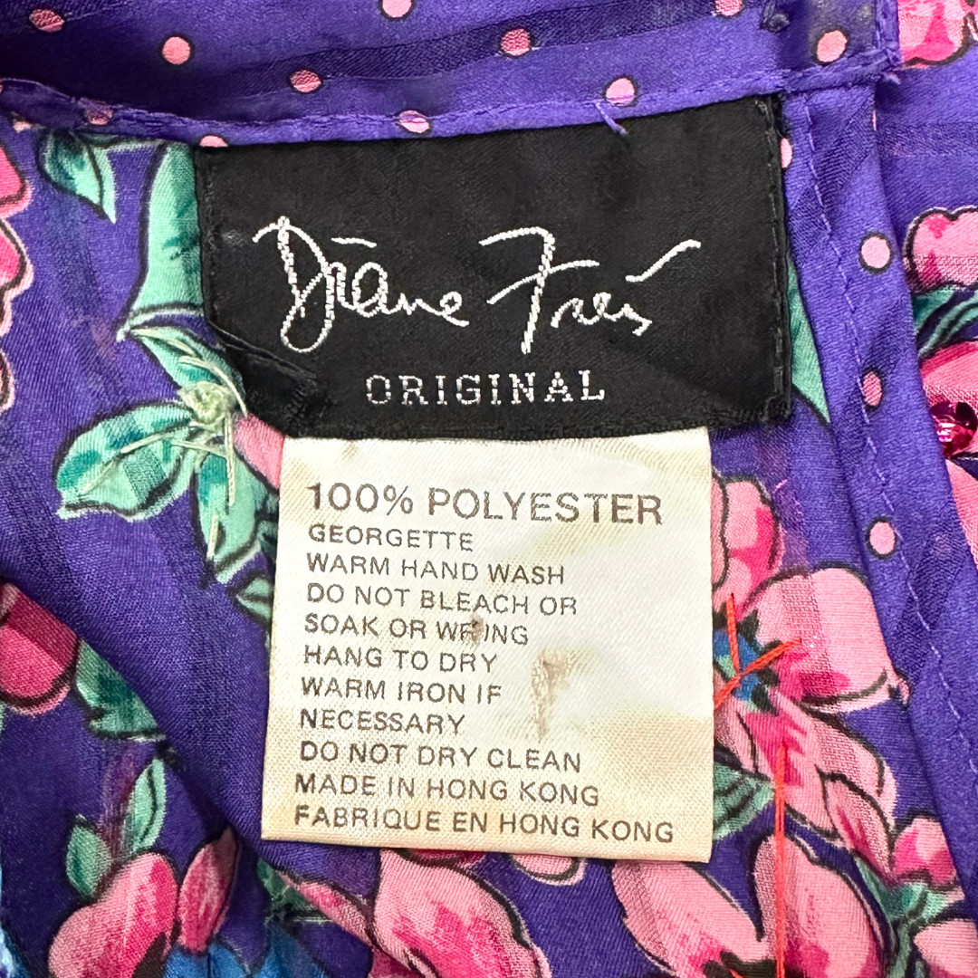 Vintage 1980s Diane Freis Beaded Purple Floral Midi Dress with Balloon Sleeves