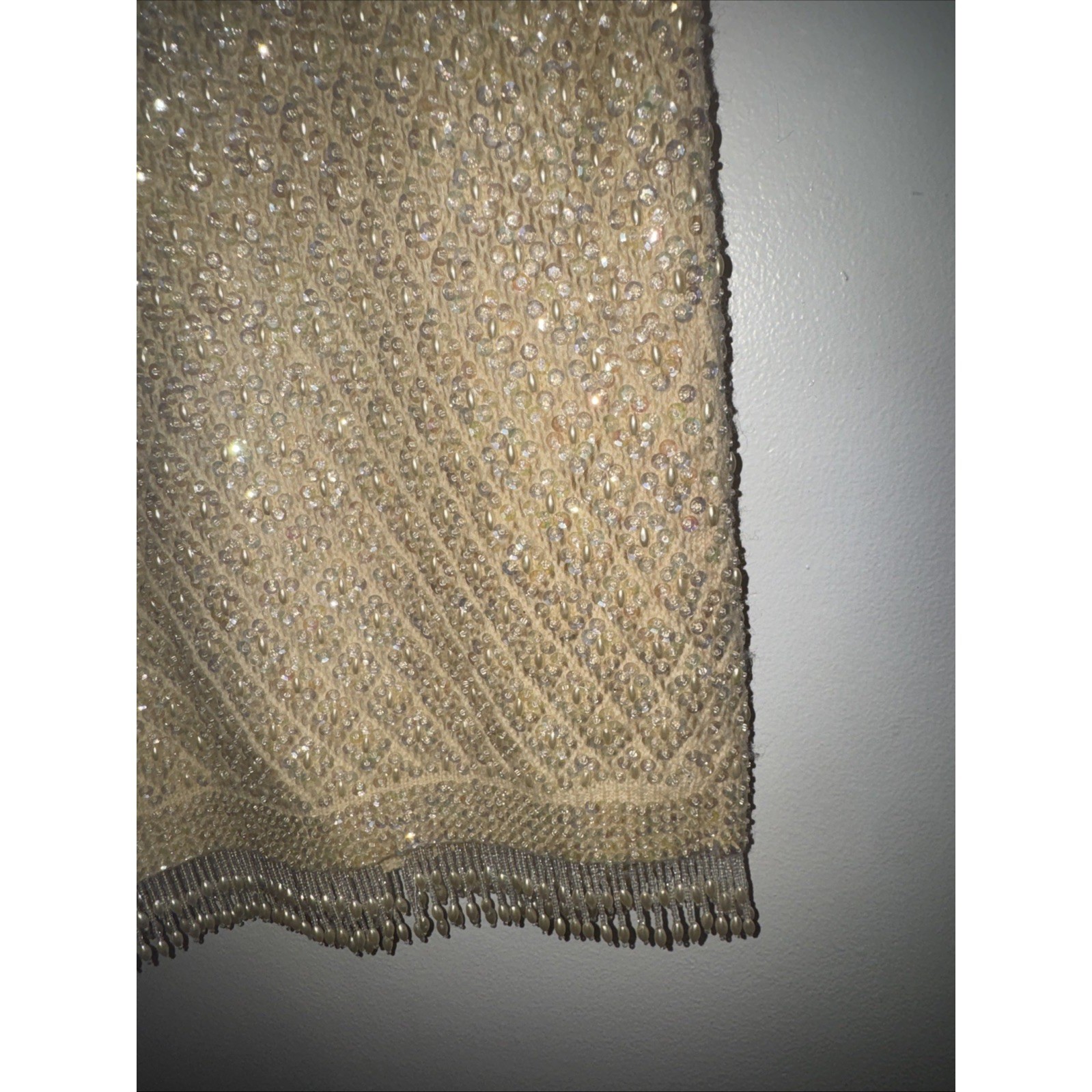 Vintage Beaded Sequin Knit Tank Top Cream Champagne Pearl Fringe Shell L