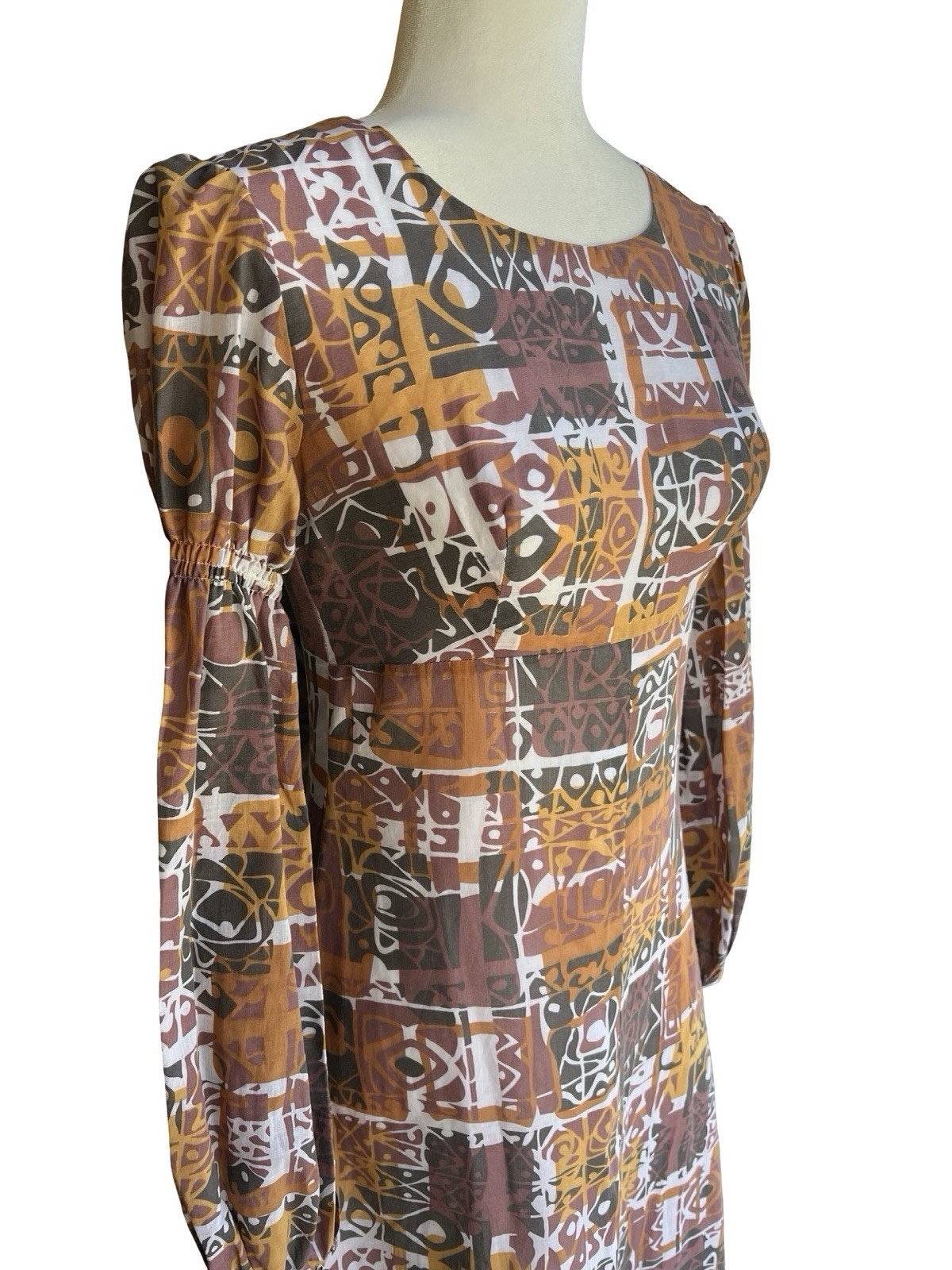 VTG 60-70s Handmade Mod Abstract Tiki Print Empire-Waist Maxi Dress Lined Retro
