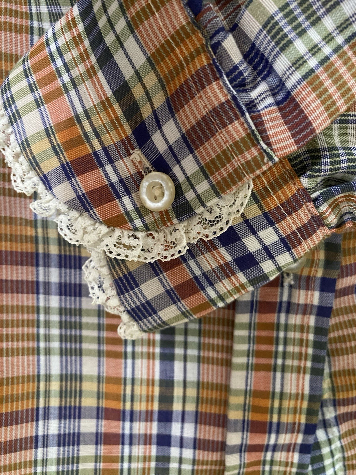 Vintage 70s/80s Stuart Lang Women’s Plaid Lace Collar Blouse Sz.S