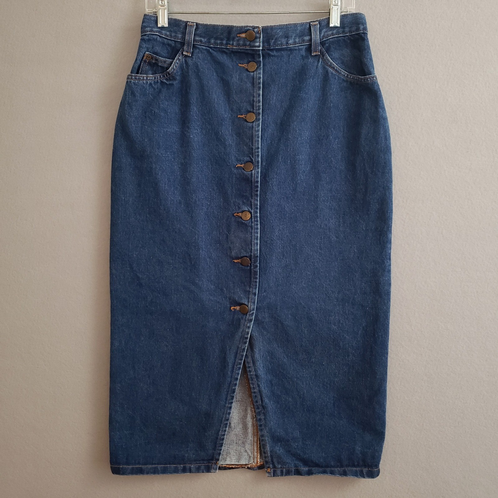 Courage My Love 13/14 Denim Skirt Blue Button Front High Rise Midi Vintage 90s