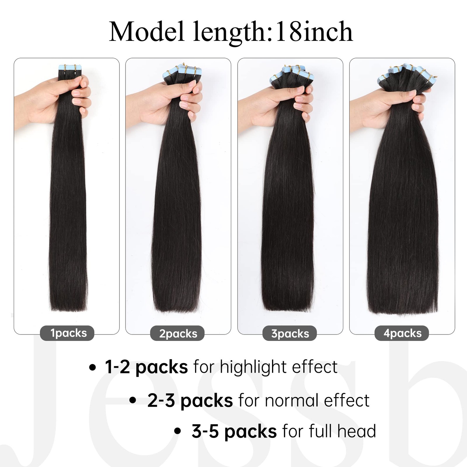 JESSBO Remy Tape In Human Hair Extensions Straight Natural Black