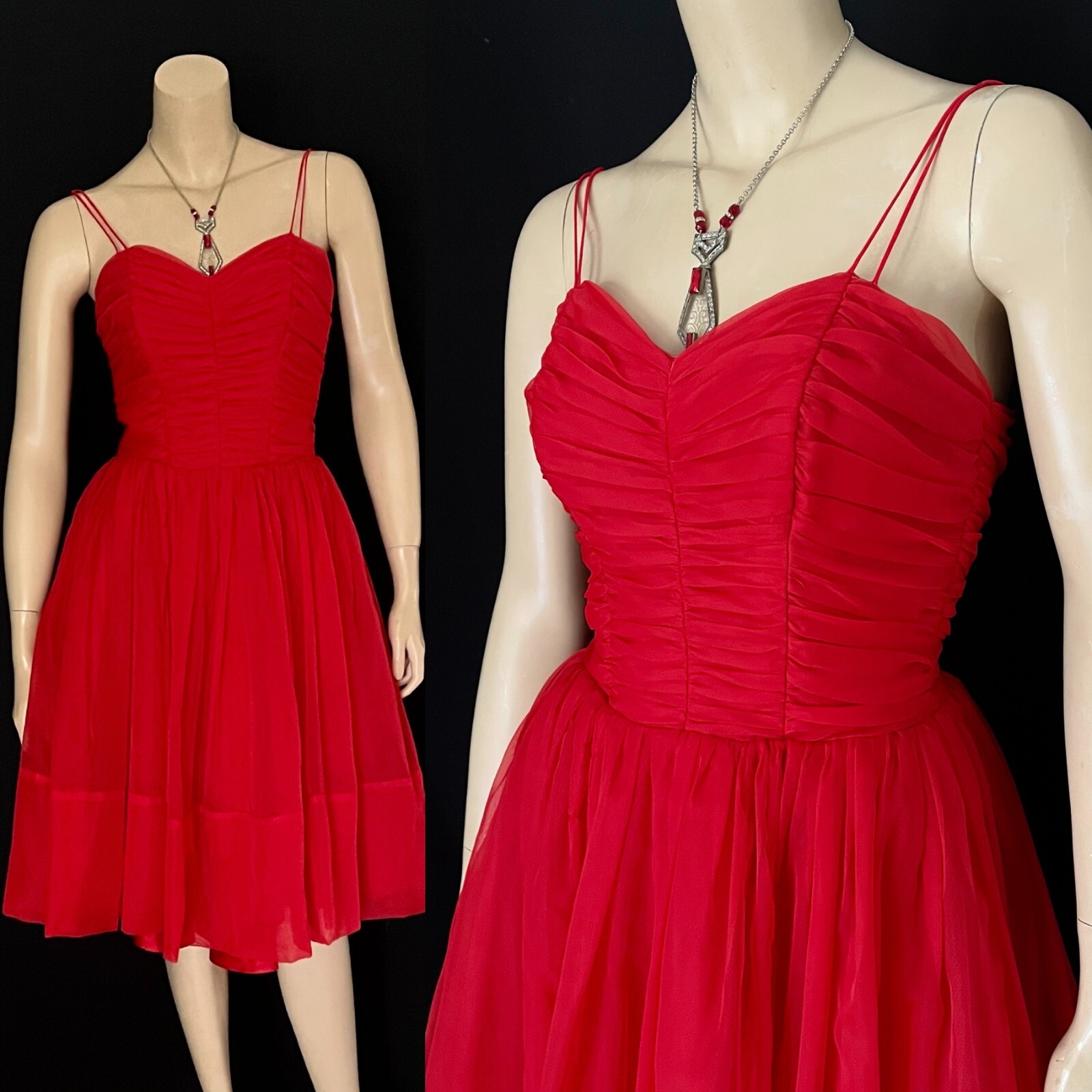 1950s Sexy Bombshell Vibrant Lipstick Red Frothy Cocktail Frock, VLV, Petite
