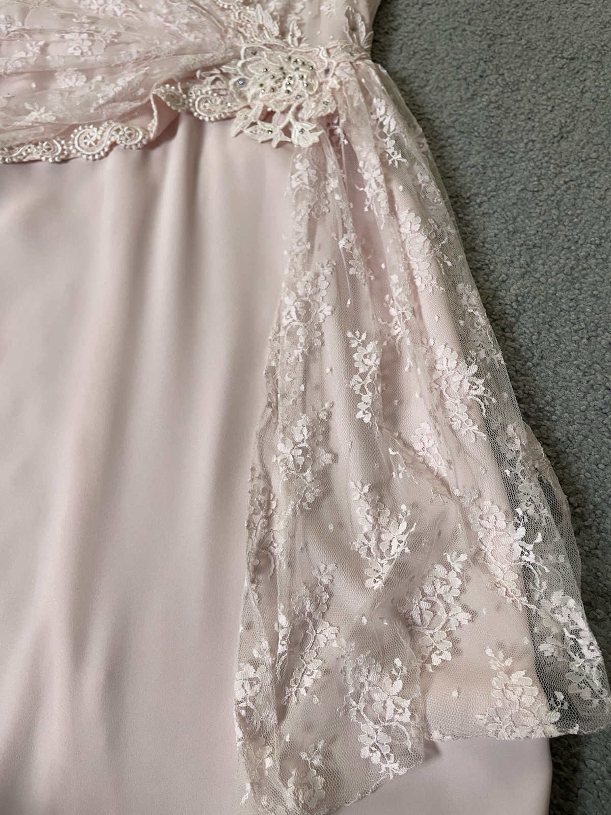 70s Embroidered Floral Lace Midi Dress Sz 15/16 Pink Flutter Sleeve Cocktail