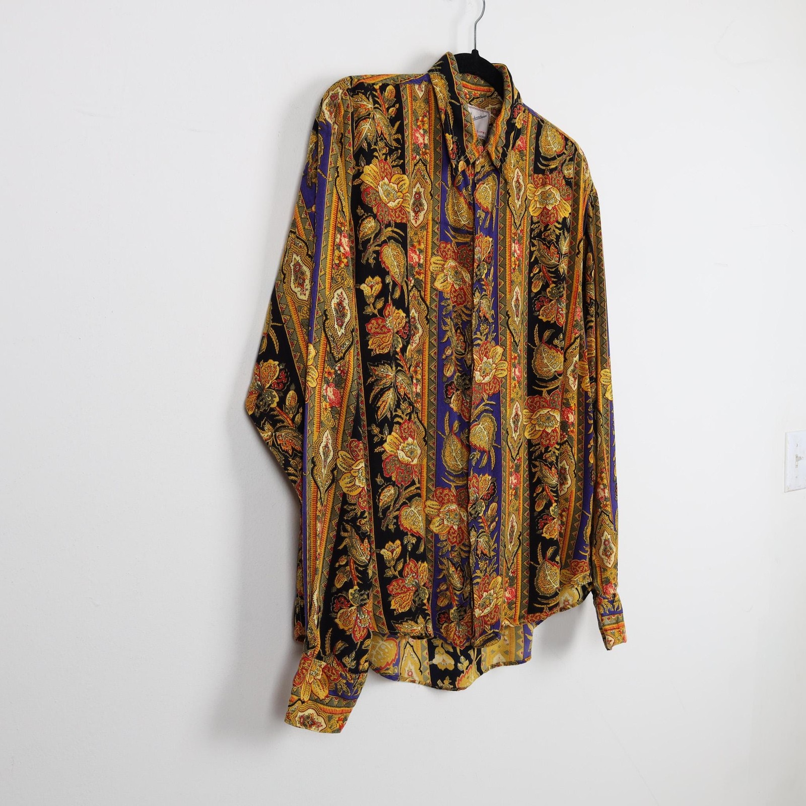 Vintage 90s Funky Brown Floral Tapestry Long Sleeve Top Retro Blouse Size Small