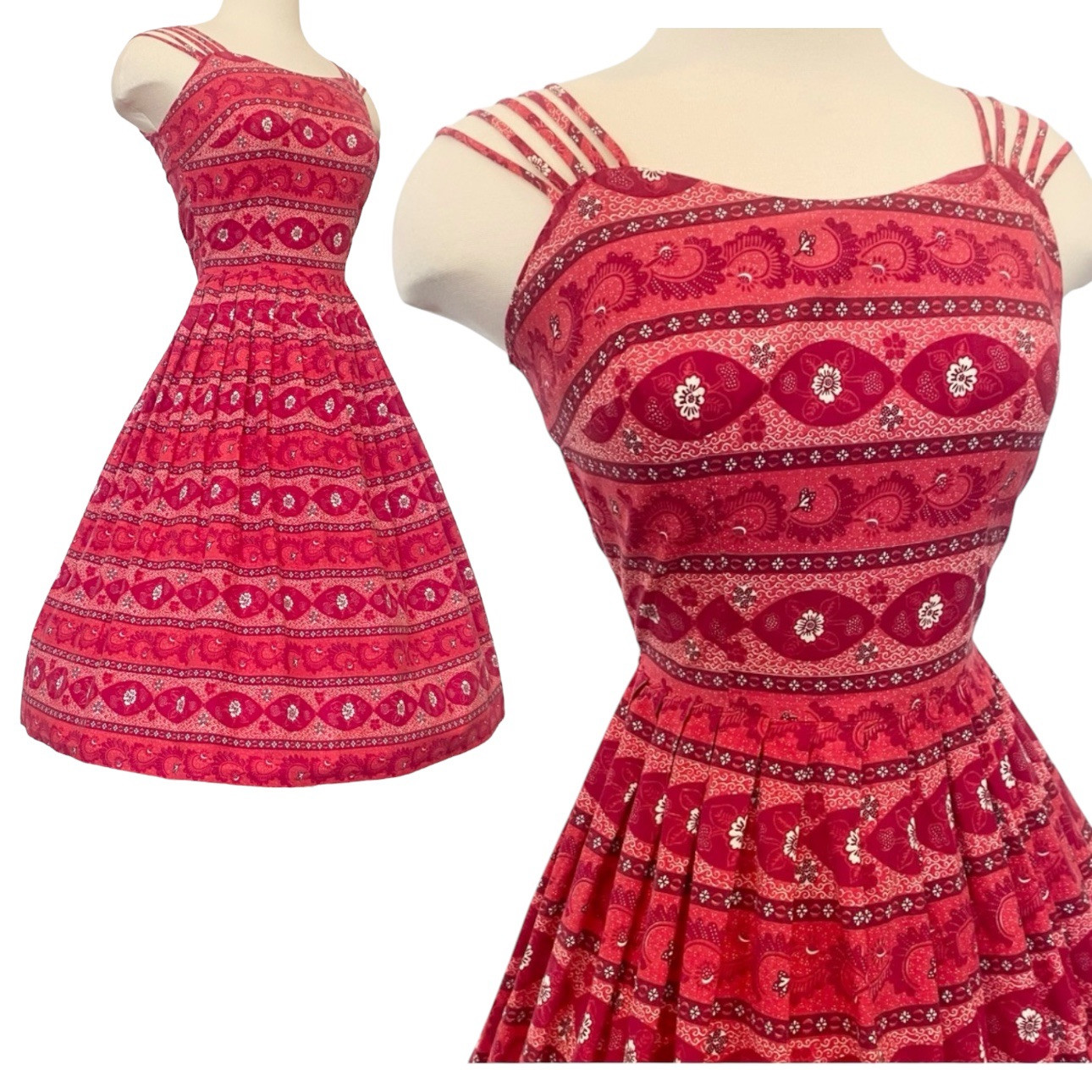 Vintage 50s 60s Red Floral Print Party Strappy Party Dress Rockabilly New Look