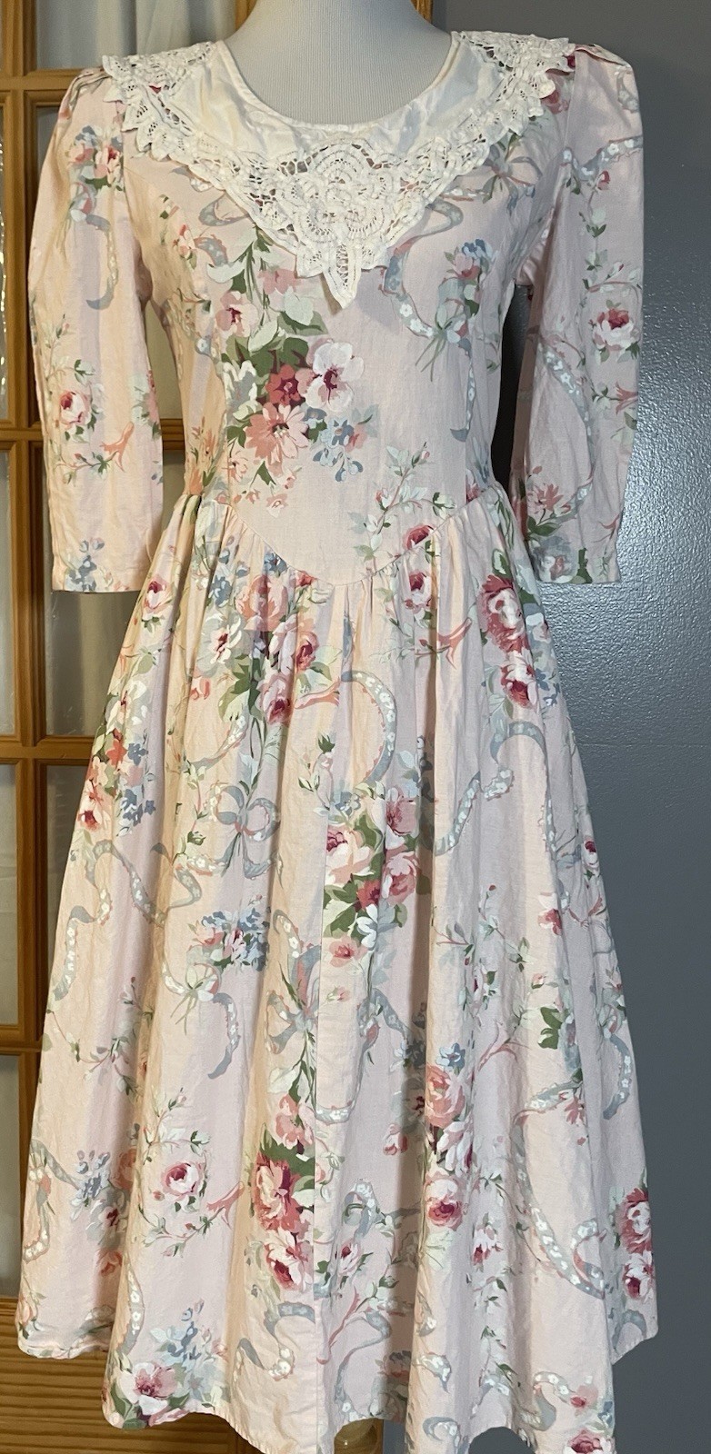 Vtg 80s Floral Pink Midi Dress S/M Hand Embroidered Lace USA Made Cottagecore