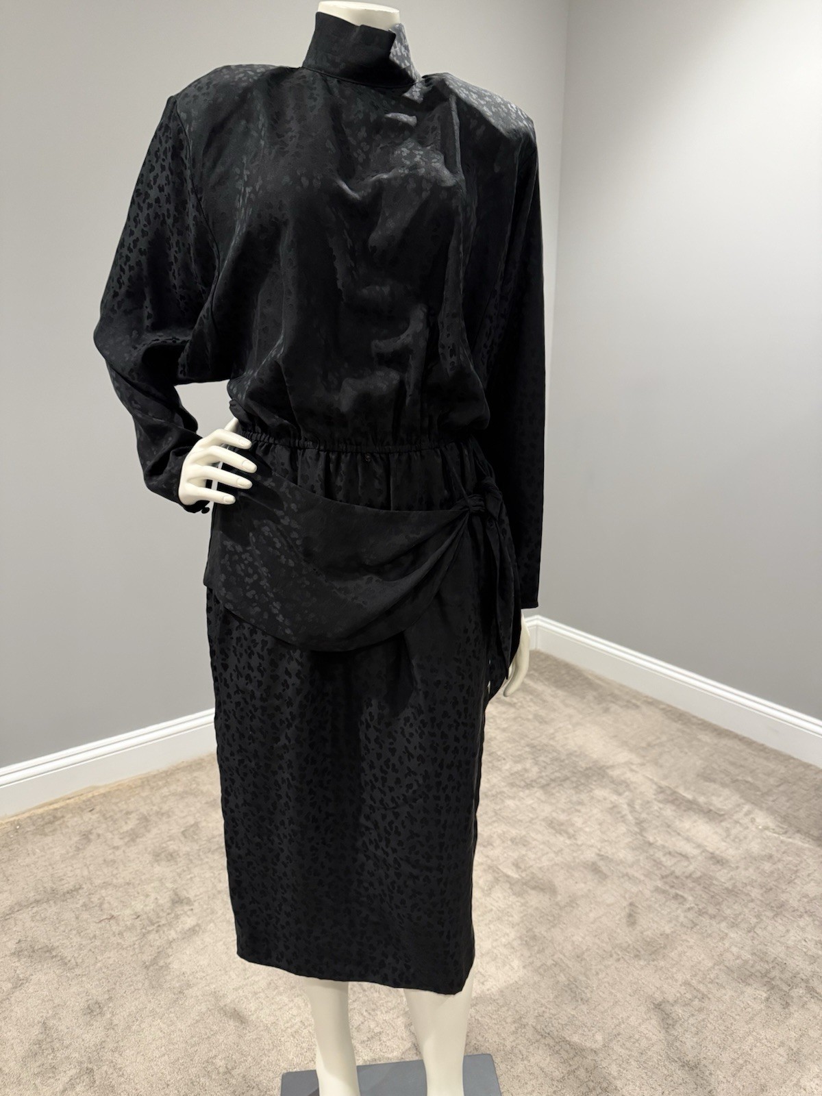 1980s Black Silk Cocktail Dress Size 8 High Neck Rich Girl Mob Wife Classy