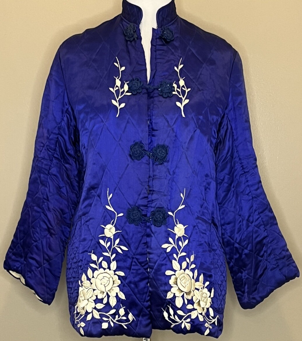 Vtg 50s Japan Quilted Jacket Lounge Set Embroidered Blue Satin Sun Bros Asian