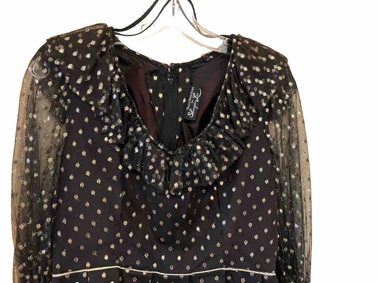 VTG Dress Nancy Bracoloni Shangri La Black Gauze W/ Gold Polka Dots See Measures