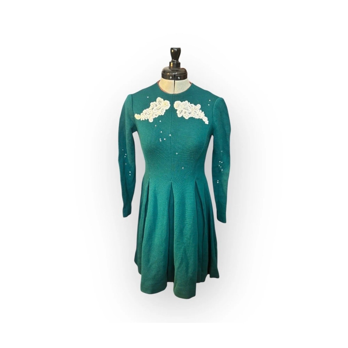 60s Teal Wool Knit Fit & Flare Dress Lace Applique Rhinestones Mod Vintage XS