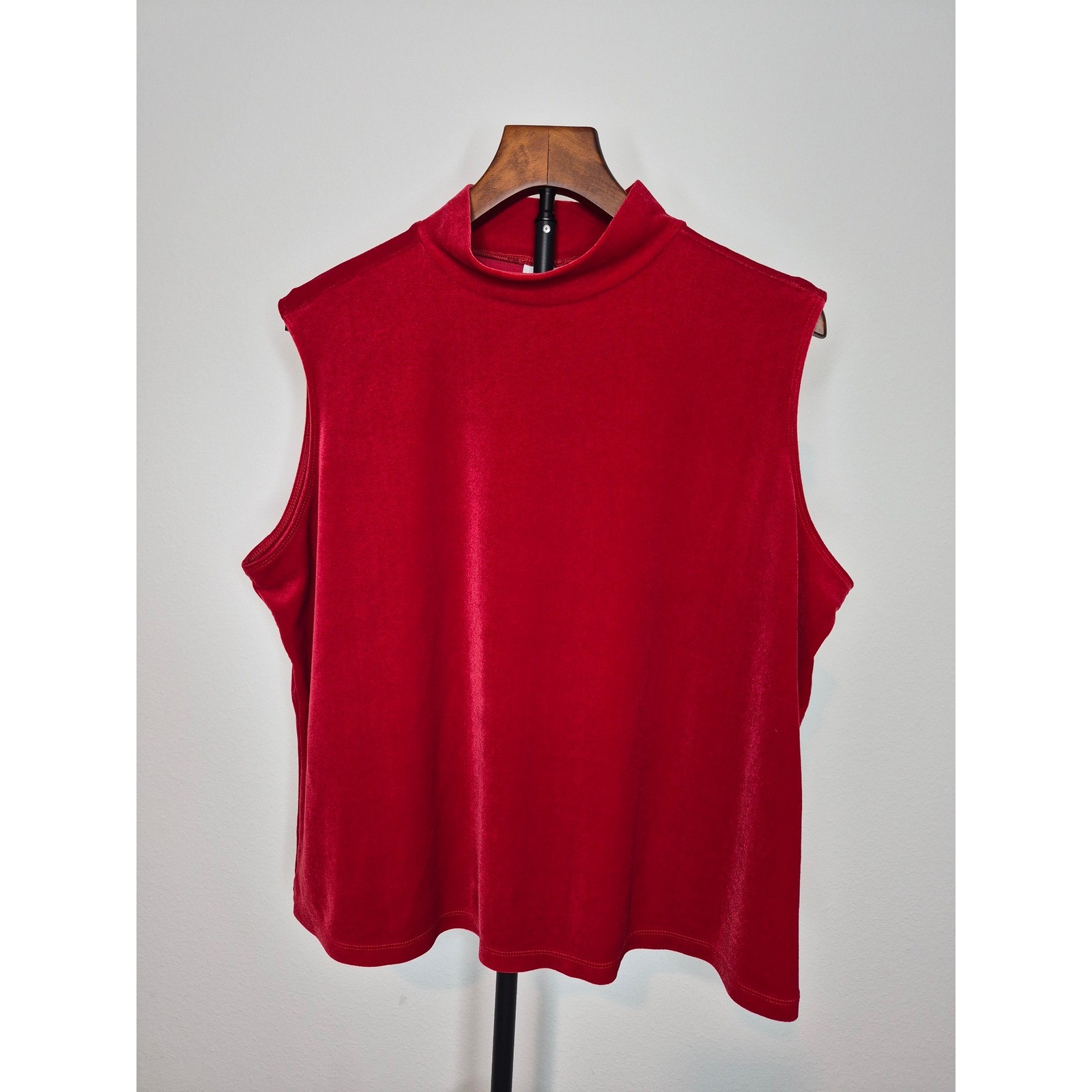 Vintage 90s Red Velvet Sleeveless Mock Neck Top XL Party Maximalism Dopamine