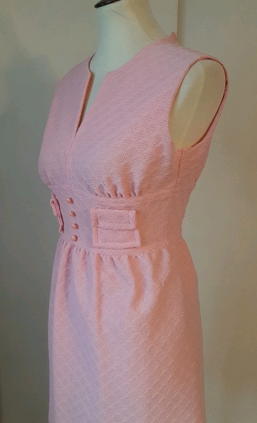 Vtg 60s70s Mod Gogo Mini Party Dress Pink Textured Sz9 Petite Carol Brent