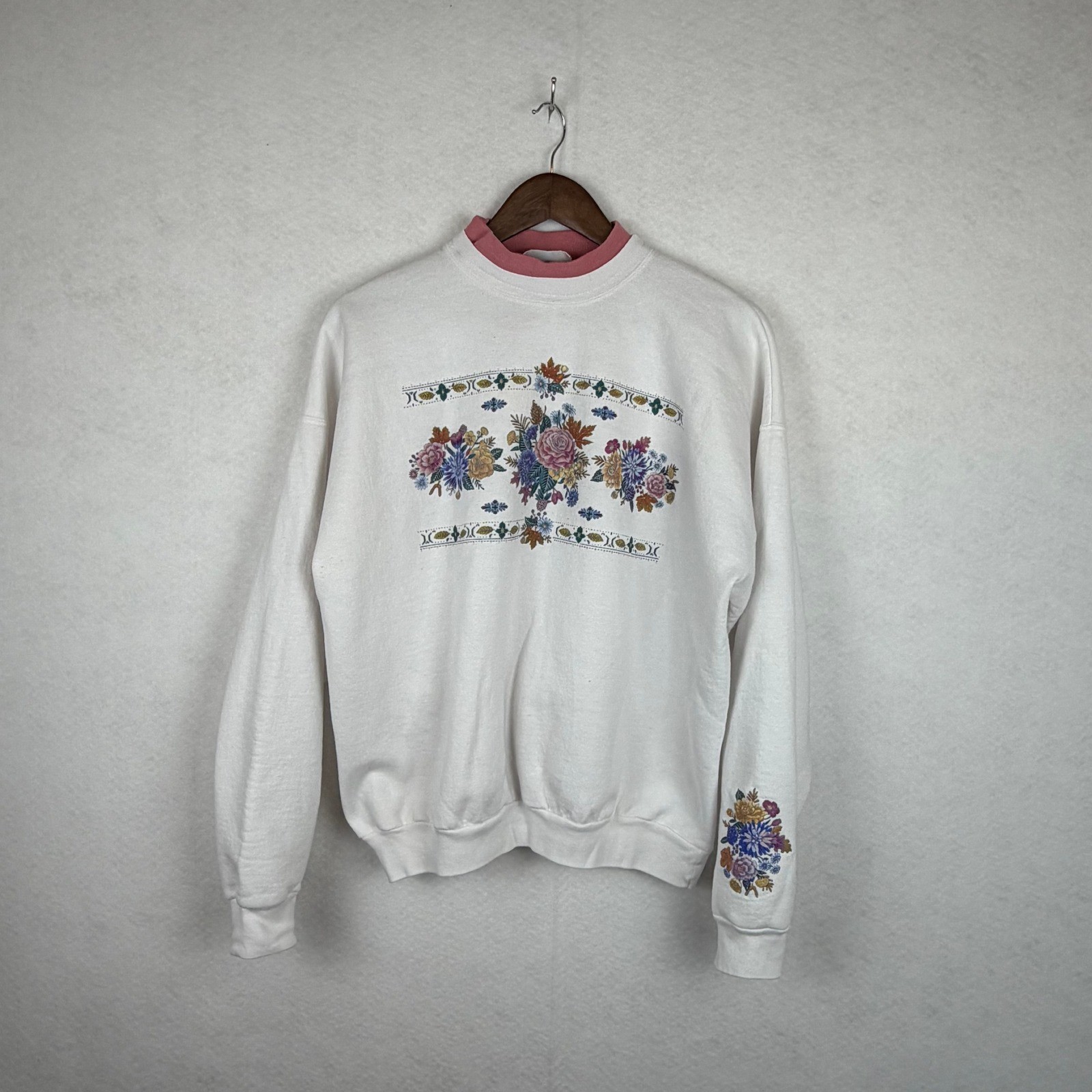 Vintage Top Stitch Morning Sun Sweatshirt Womens XL White Floral Embroidered 90s
