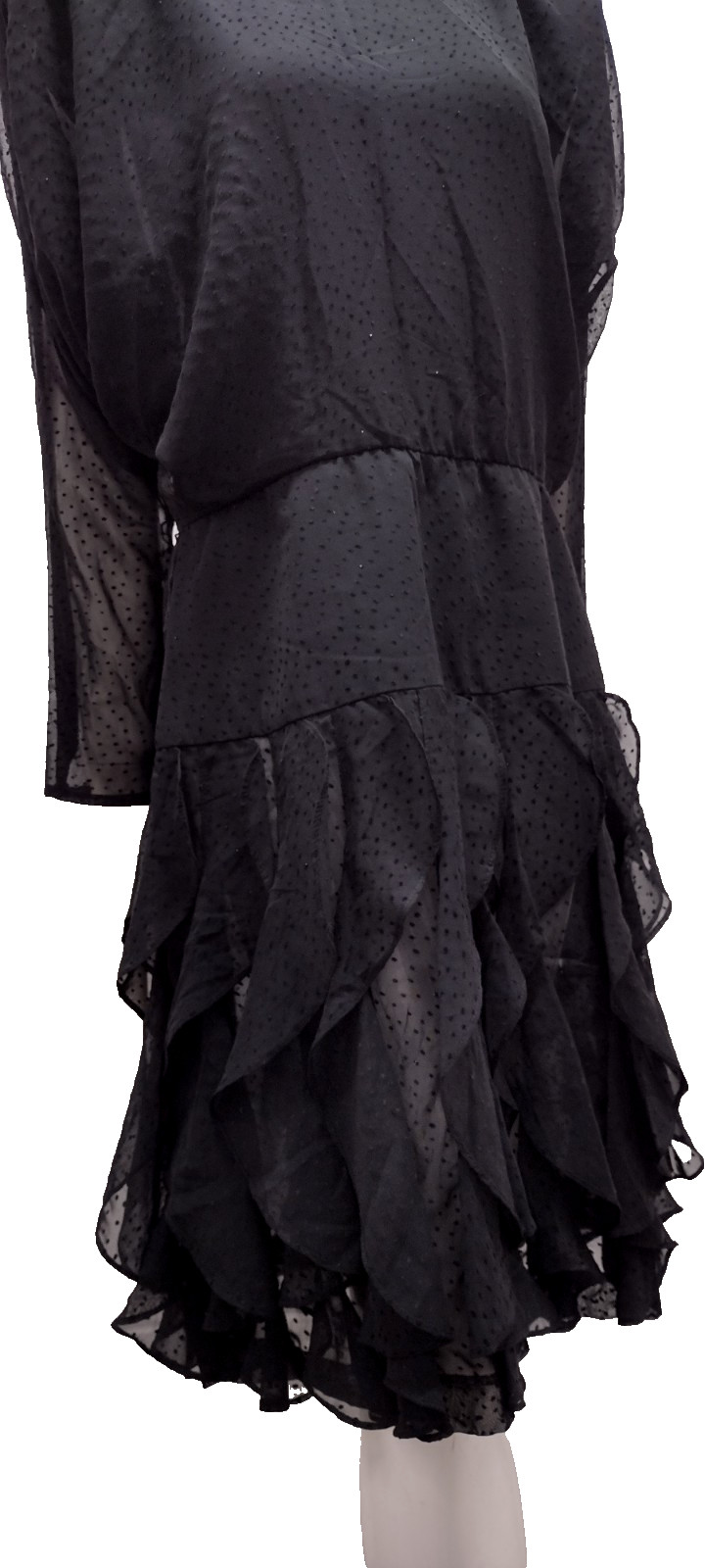 80s Batwing Sheer Chiffon Dress Black Flapper Scallop 80s Dolman Sleeves M/L