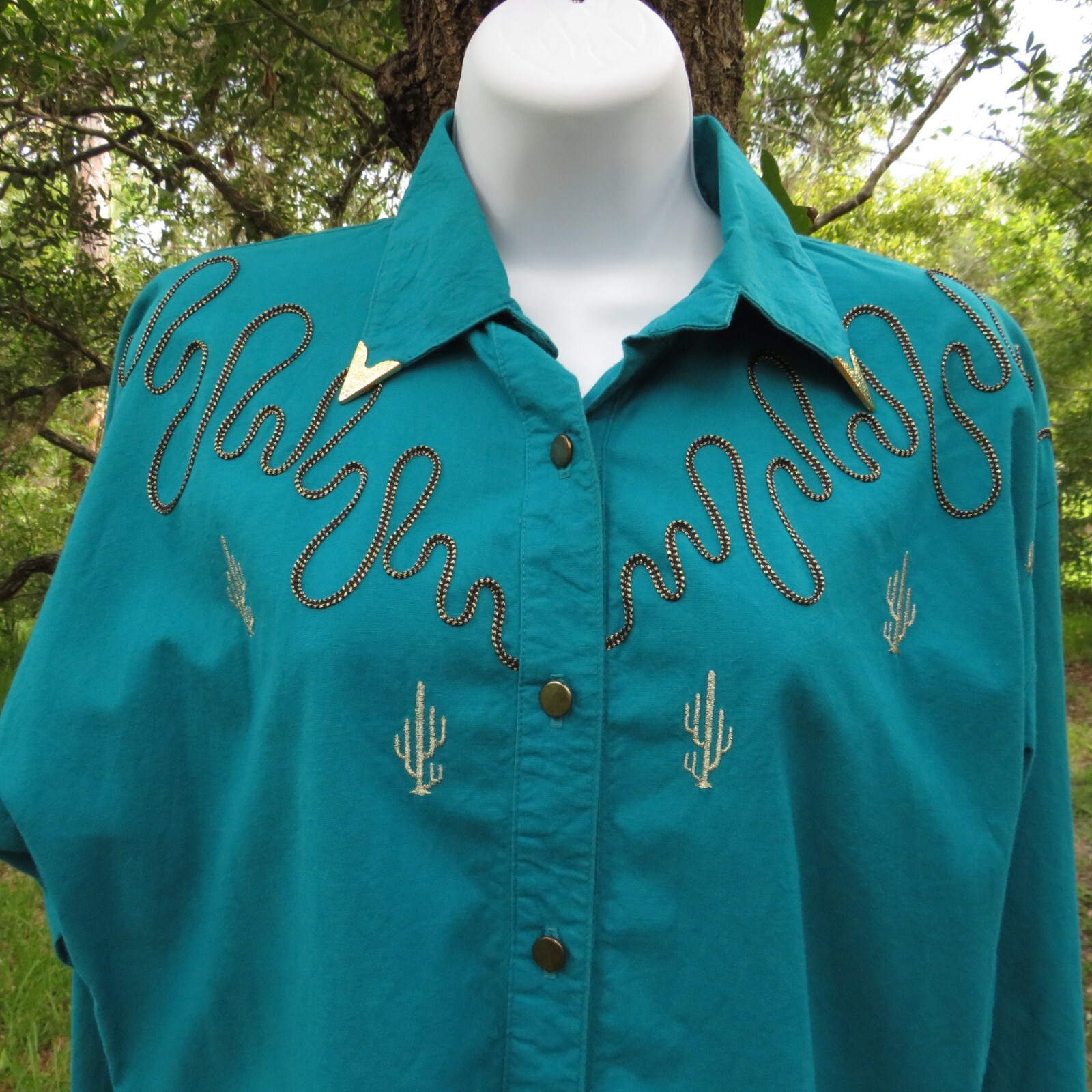 Vintage Lilia Smith Western Cactus Theme Long sleeved Teal Shirt Small Made USA