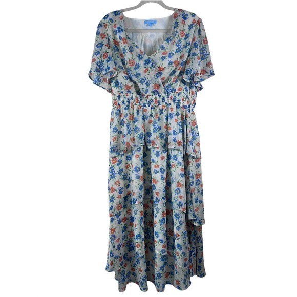 Draper James RSVP Floral Smocked Tiered Maxi Dress Ivory Blue Orange Large VGUC