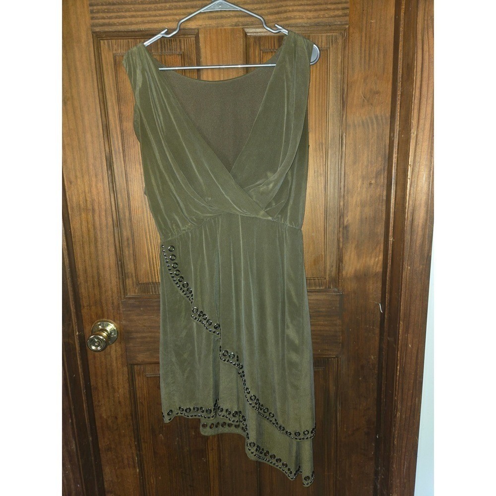 Haute Hippie Olive Green 100% Silk Grommet Studded Asymmetric Ruffle Dress Small