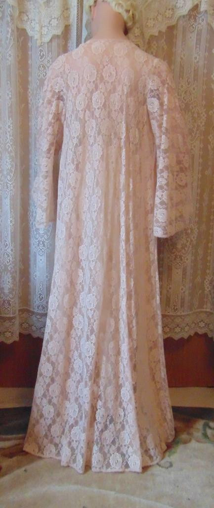 VTG Glydons Peignoir Set Chantilly Lace Bell Sleeve Robe Nylon Gown 36B