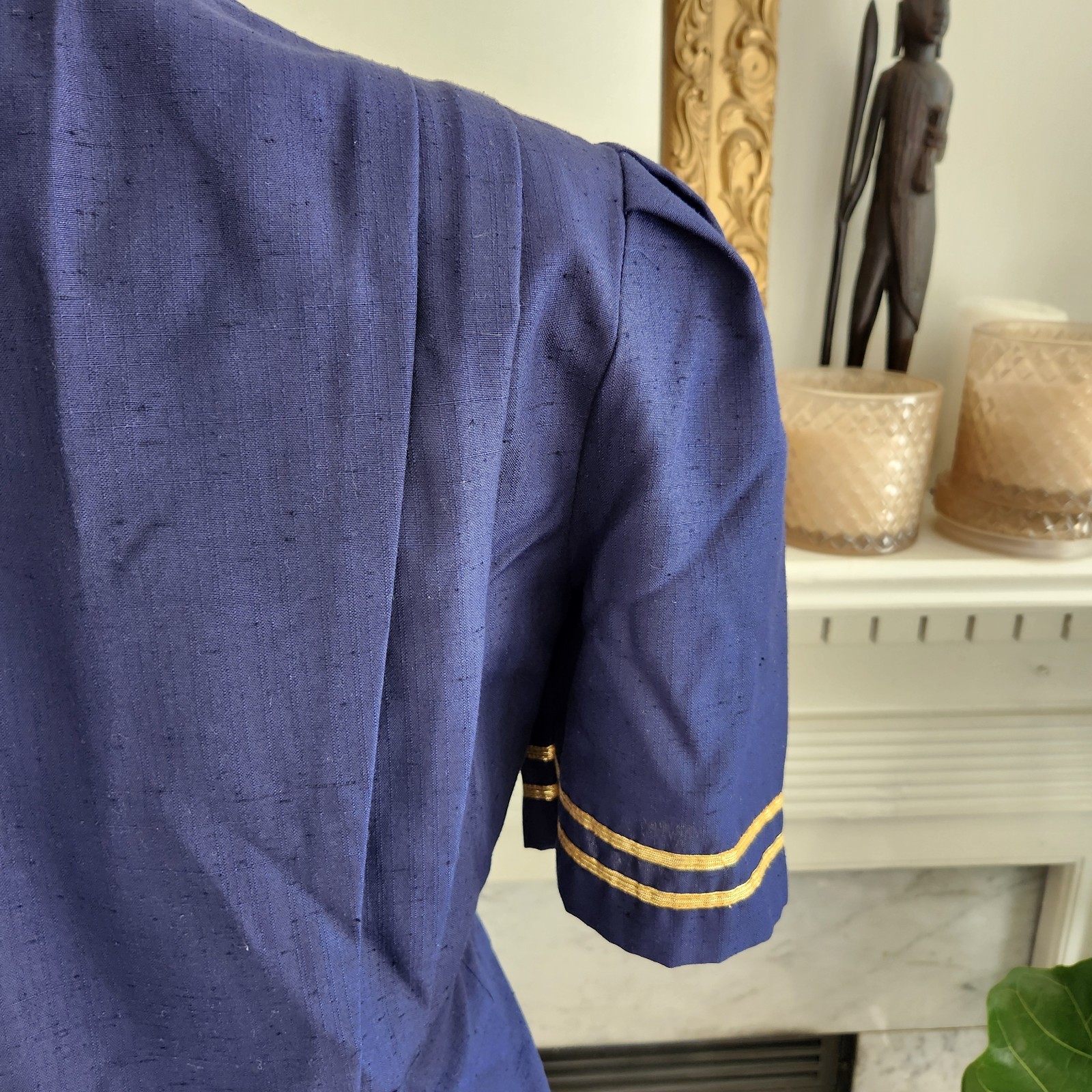 Vintage 80s Blue Midi Pencil Dress Military Nautical Office Pleated Size 6