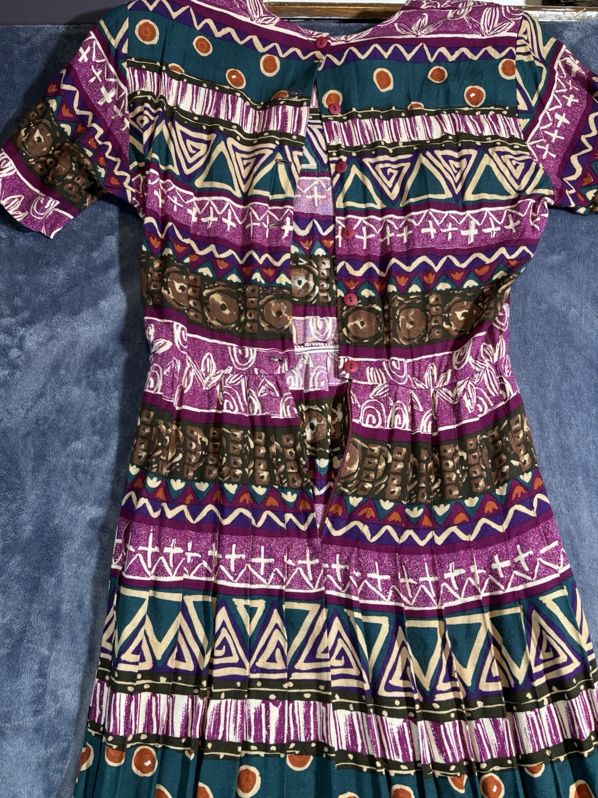 RabbitRabbit Geometric Multicolor Pink Rayon 90s Vintage Dress with Belt Size 12