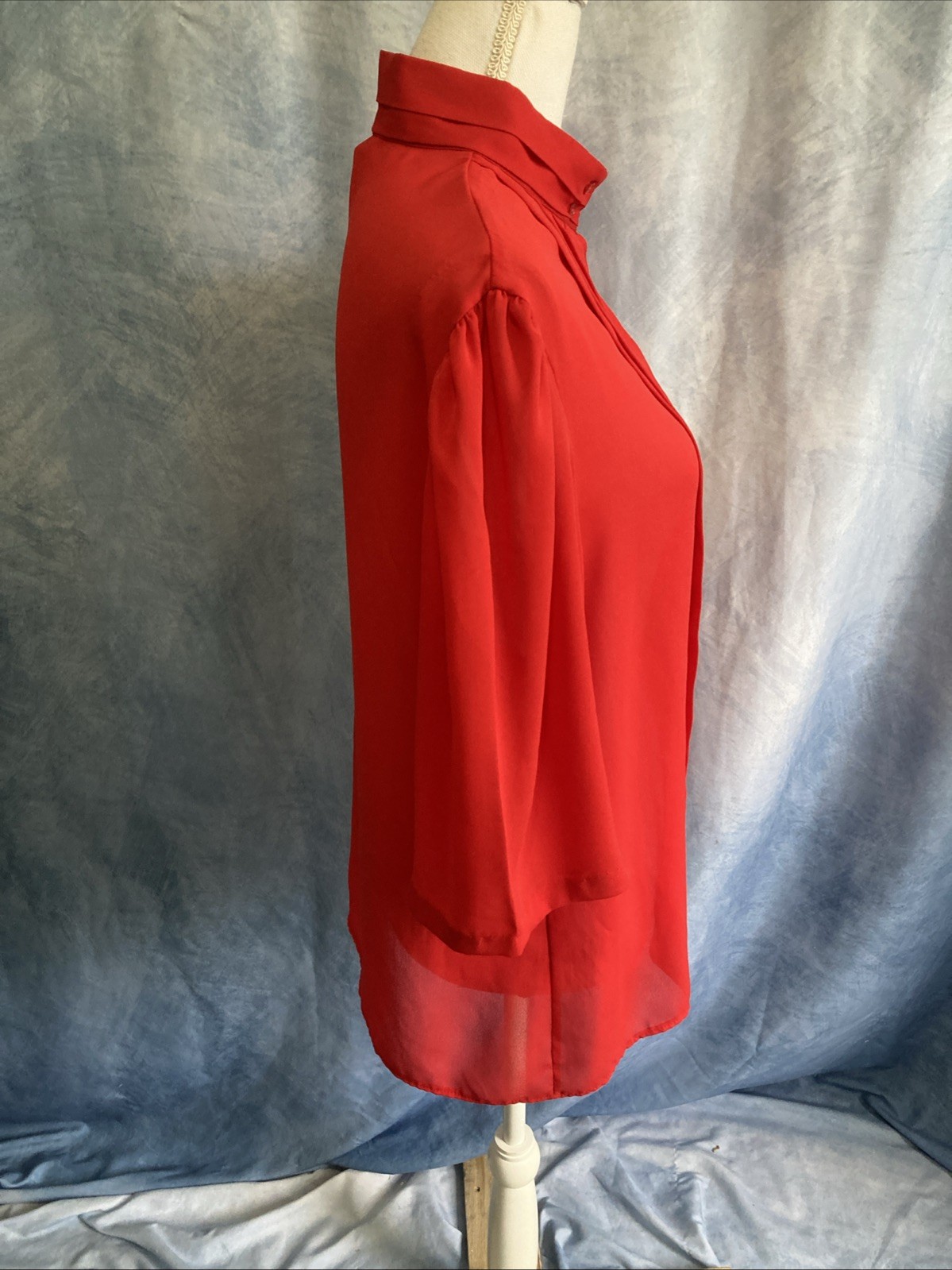 Vtg 80s Chadwyck Secretary Blouse 16 Red Pleats Tuxedo Crepe Sheer USA Mock Neck