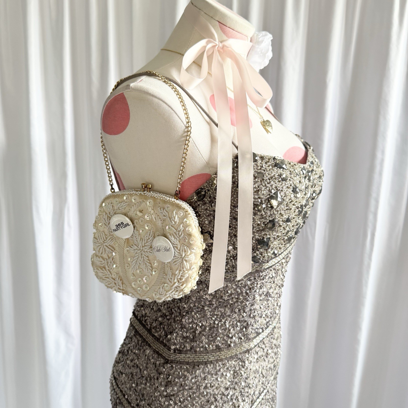 Vintage Y2K Silver Beaded Silk Sequin Gem Party Princess Mini Dress Grey Size S
