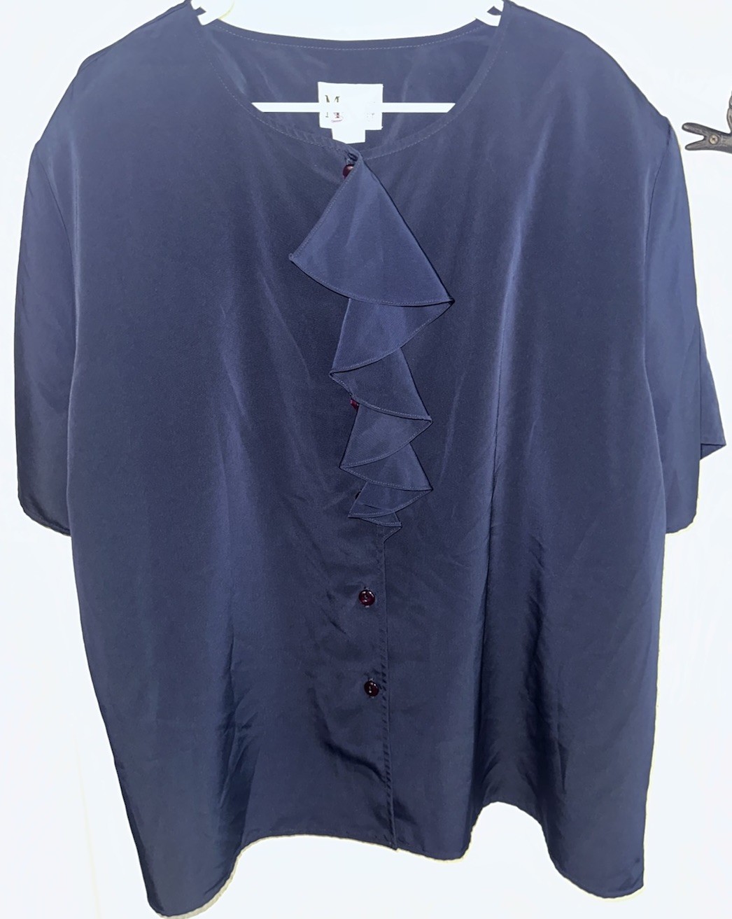 VTG 1990 Maggie Sweet 3X Navy Blue Blouse Ruffle Neck Button Up Shoulder Pads
