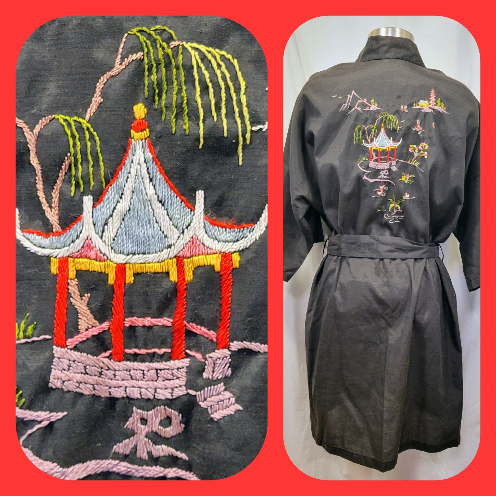 OOAK! VINTAGE FEDO KIMONO ROBE Black w/Multicolor Embroidery ASIAN Chinese
