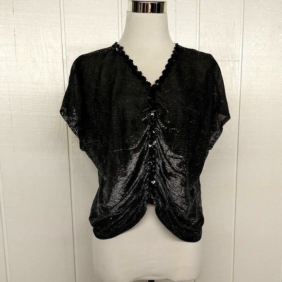 Vintage Disco Glam Sequin Ruched V-Neck Metallic Blouse Black Silver Sz Small