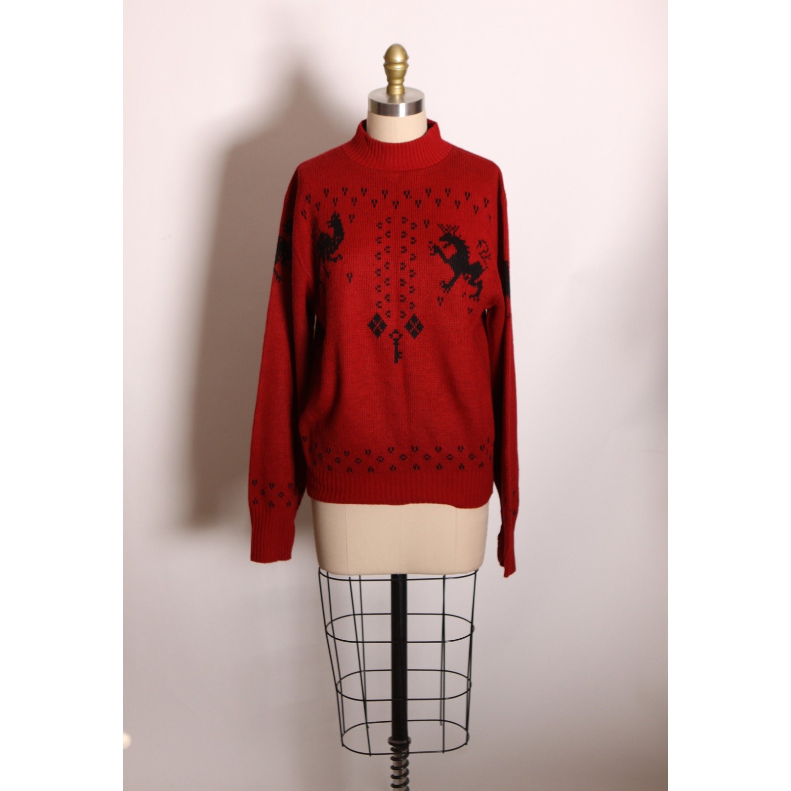 1960s Dark Red Black Novelty Mythical Phoenix Griffith Sweater by Puritan