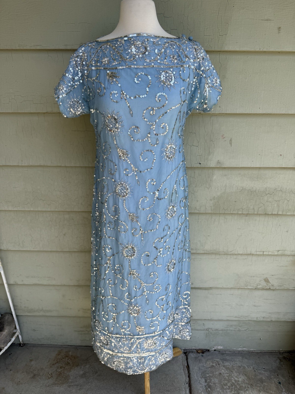 Vtg 60’s Profils Du Monde Beverly Hills Baby Blue Gown Silver Sequins Silk S