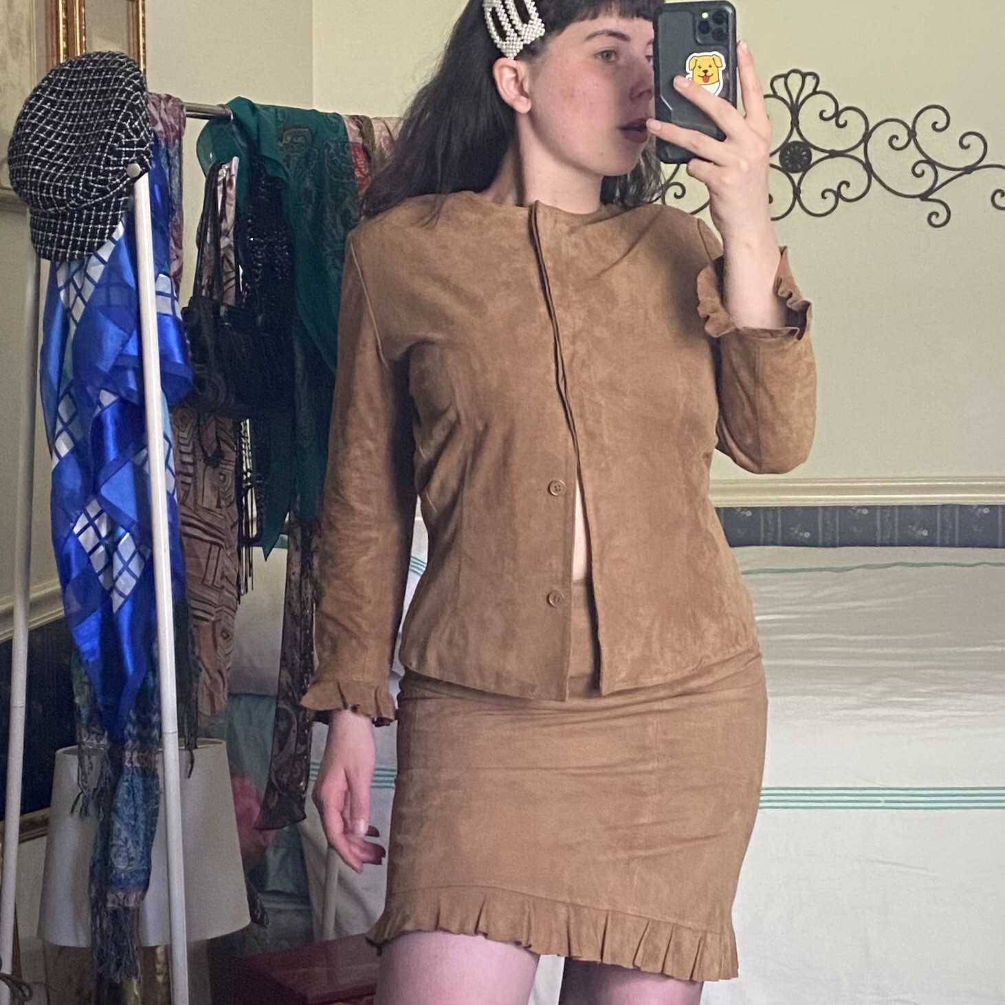 VINTAGE VS2 TAN GOAT SUEDE 2 PIECE SKIRT & JACKET SET | new w tags