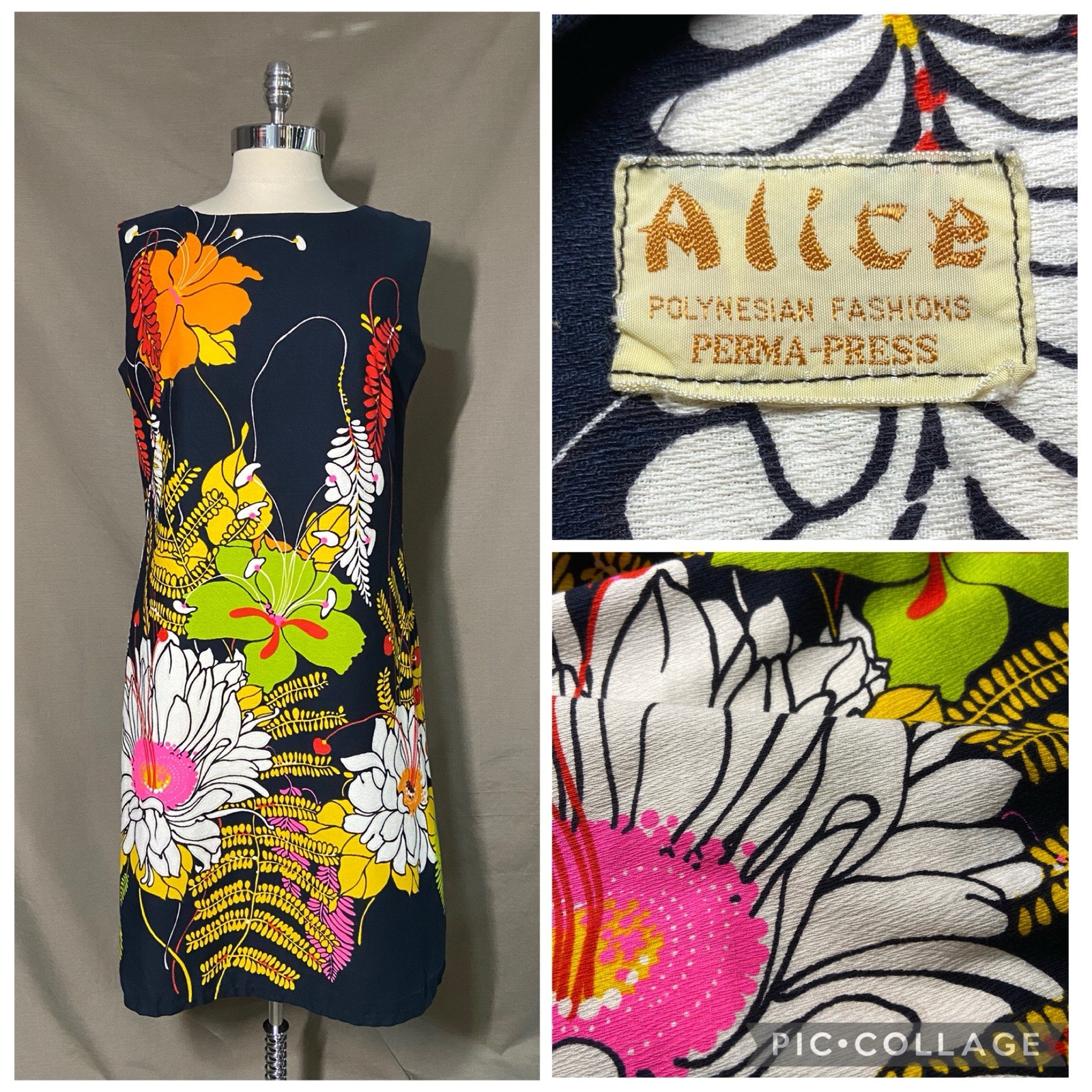 Vintage 1960s Hawaiian Barkcloth Shift Dress Alice Polynesian Fashions Size 8