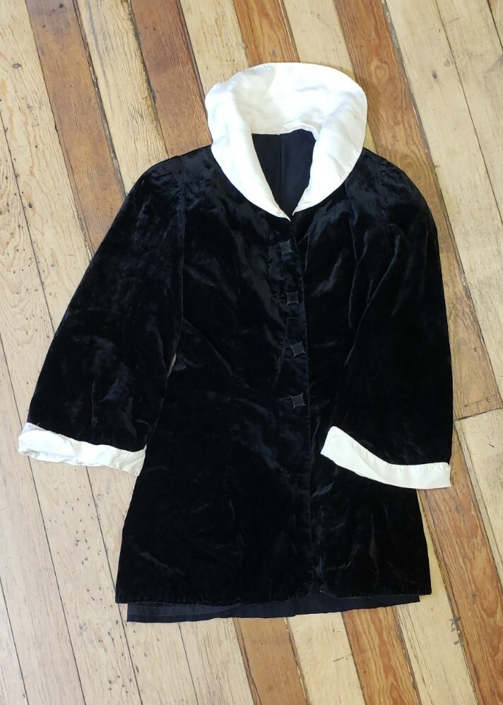 Vtg 1930s Black White Silk Velvet Blouse Deco Tailored Dress Jacket Bell Sleeve