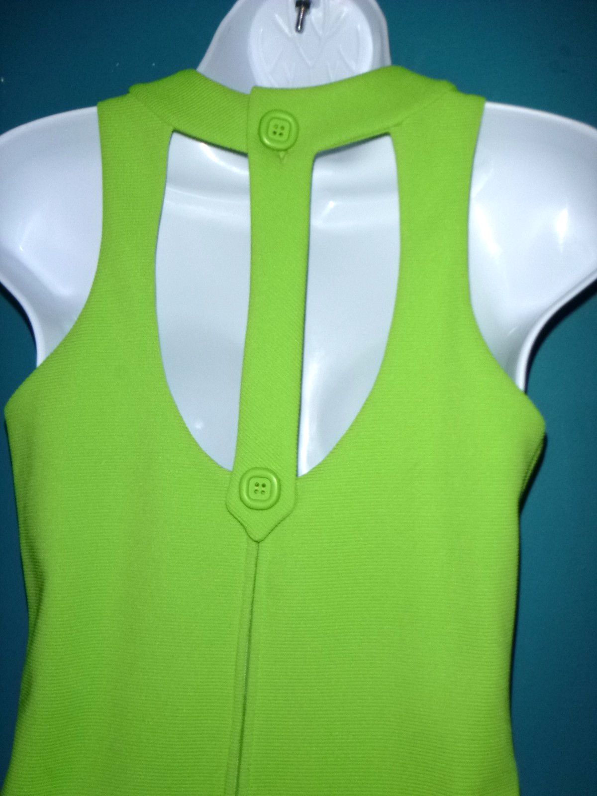 Vtg 60s 70s Gay Gibson MOD Bright Green Ribbed Poly Dress Unique Back Sz S/M